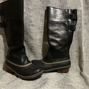 Sorel Black Leather Tall Rain Boots with Buckle Accents